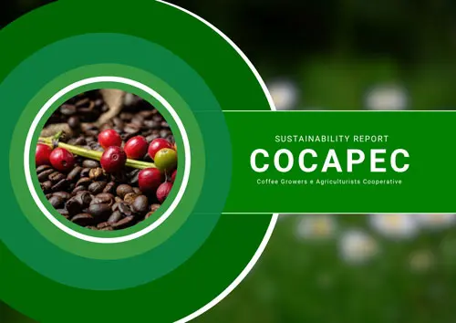A green circle with coffee beans and plants in the background.