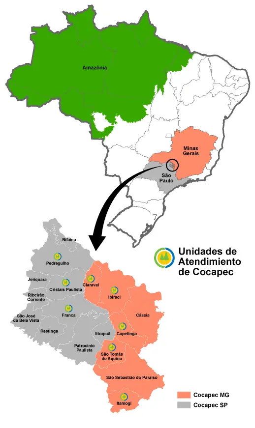 A map of the region with different colors and locations.