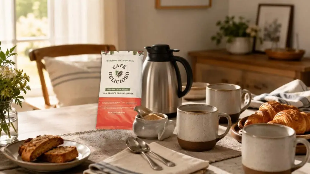 Welcoming home coffee station with freshly brewed coffee, mugs, pastries, and Café Delicioso coffee for guests.