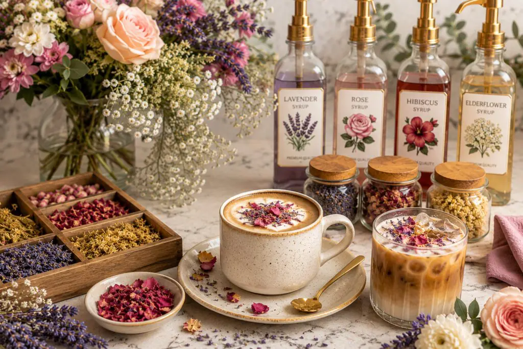 Close up of two variations of coffee drinks with flower petals and floral flavored syrups on a white countertop