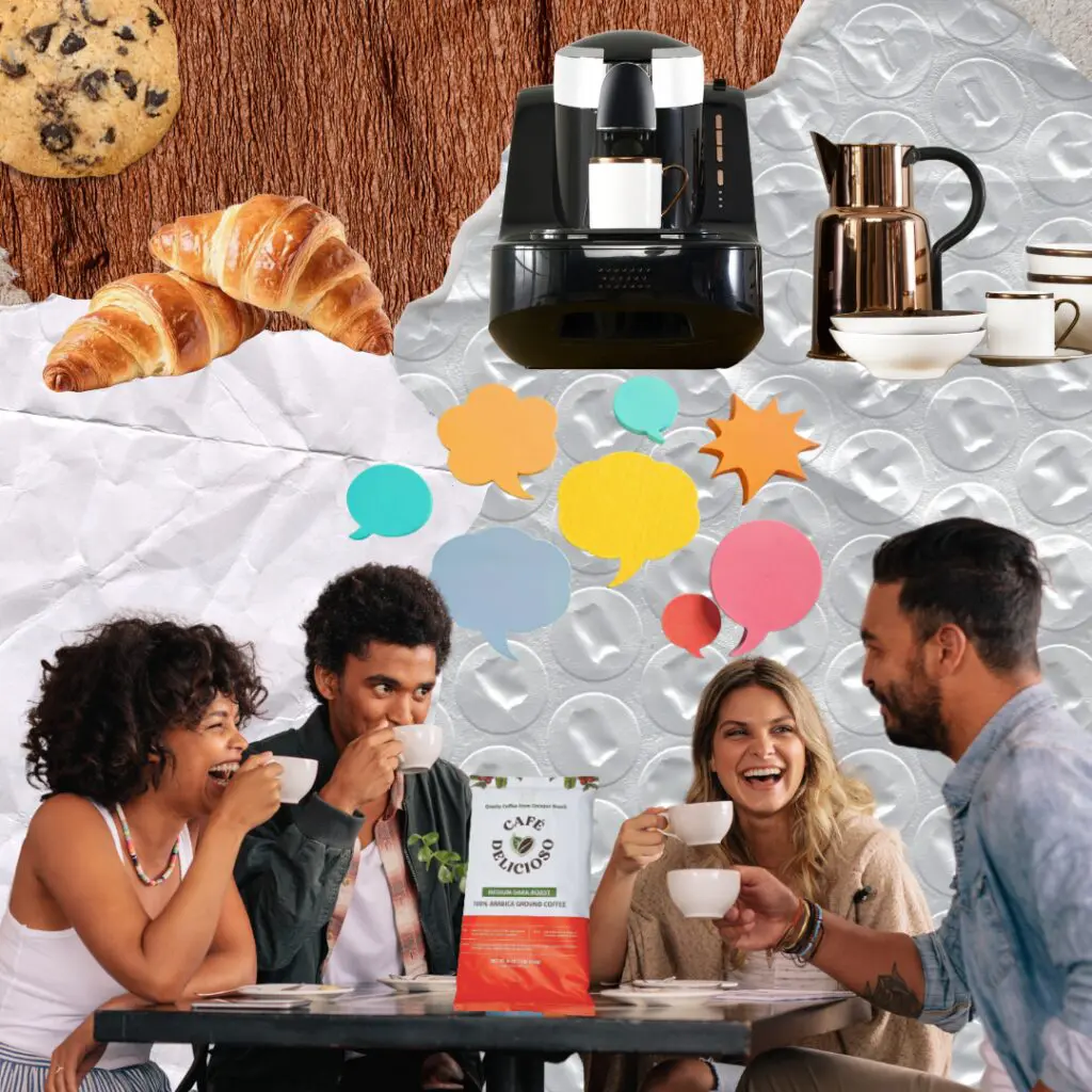 At the bottom of the image a group of friends are gather around a table chatting over coffee, above them are a rainbow assortment of conversation bubbles. To the upper far left are croissants and a chocolate chip cookie. To the upper far right there is a coffee machine with cups.
