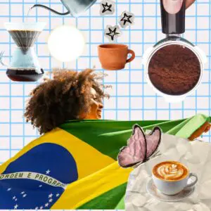Woman is seen wrapped in the Brazilian flag and smiling. Background consists of various coffee themed items such as a mug, portafilter holding coffee grounds, and more.