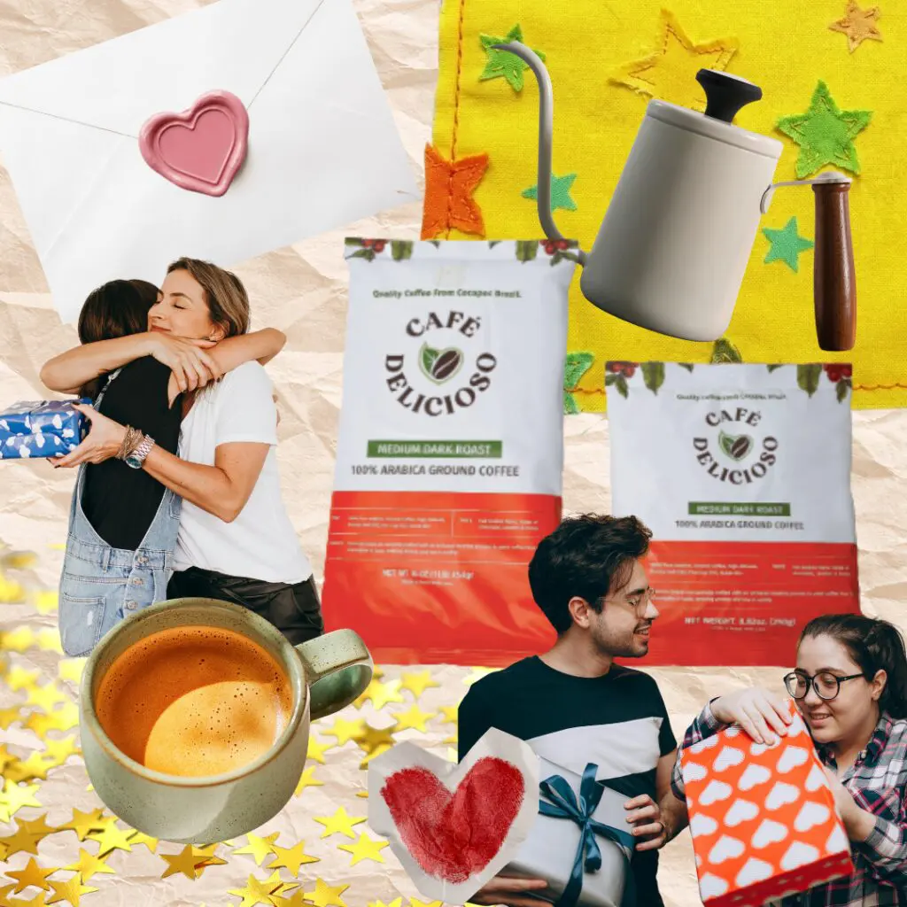 Image features coffee gift ideas such as a mug, bags of coffee and a kettle. People are seen exchanging gifts and embracing one another.