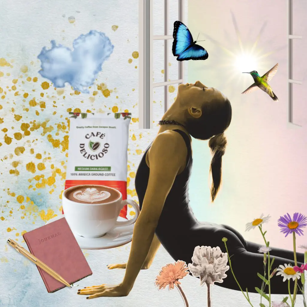 Woman in stretching in the morning with a bag of coffee and mug nearby. The window is open and there are flowers, birds and butterflies around.