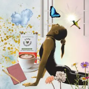 Woman in stretching in the morning with a bag of coffee and mug nearby. The window is open and there are flowers, birds and butterflies around.