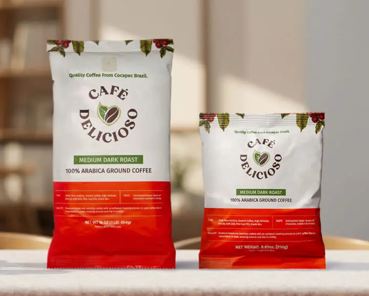 Bags of Cafe Delicioso coffee displayed on a counter with morning sunlight through the window.