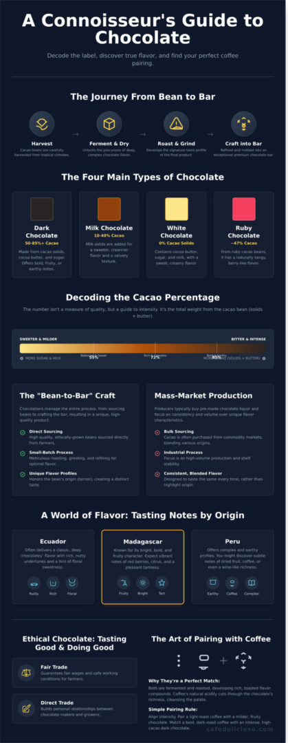 The Ultimate Guide to Chocolate Bars: From Cacao to Coffee Pairing - Infographic