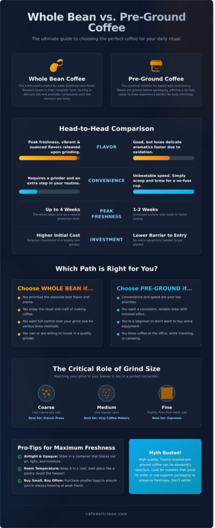 Coffee Grounds vs. Whole Bean: The Ultimate Guide to Your Perfect Brew - Infographic